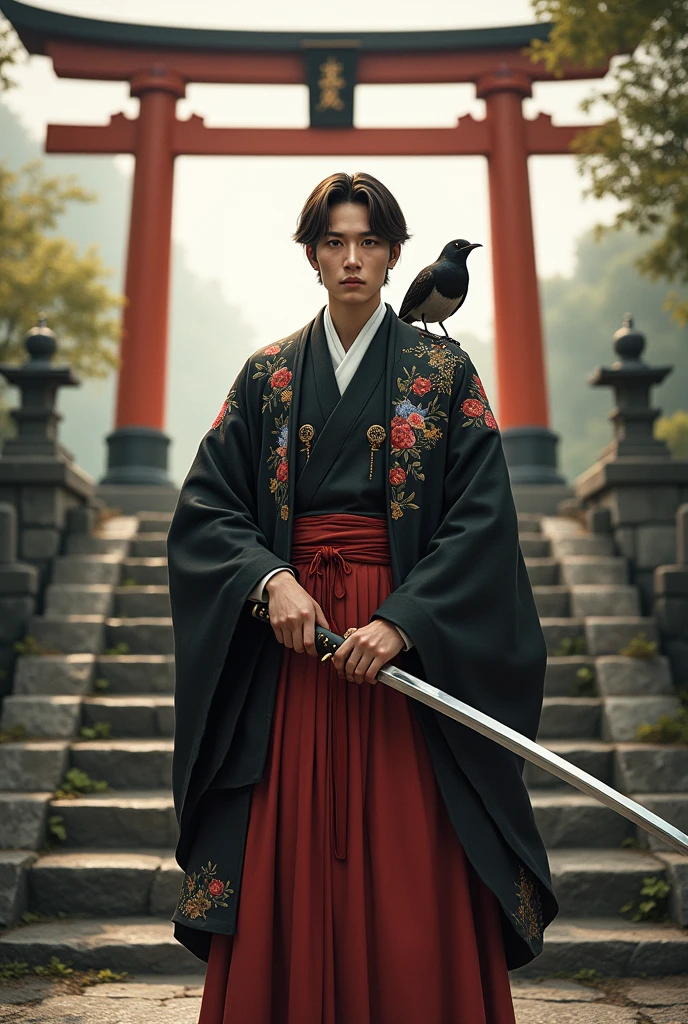A man with brown hair parted in the middle, brown eyes with slightly slanted eyes, a black haori with plum and wisteria embroidery, red hakama and white kimono, holding a sword with a Japanese bush warbler on his shoulder, standing in front of stone steps and a stone torii gate