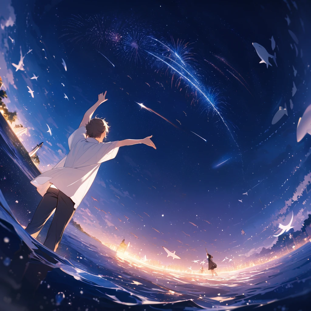 whole body ,From below ,Raised his arms in the air ,Particles of light ,Long and tired rando hair ,Sideburns , Gradient Eye ,look up ,Teen ,Happy ,Seraphim ,{{{masterpiece}}}, {{{Highest quality}}}, {{Very detailed}}, {figure}, {{Very delicate and beautiful}},night,Flying dolphins, beluga,Absurd,employment,Super detailed, 6 years old,{{{{{bubble}}}}},Sea of stars, shooting star, School of fish,contrast,local,firework:2,Flying Fish