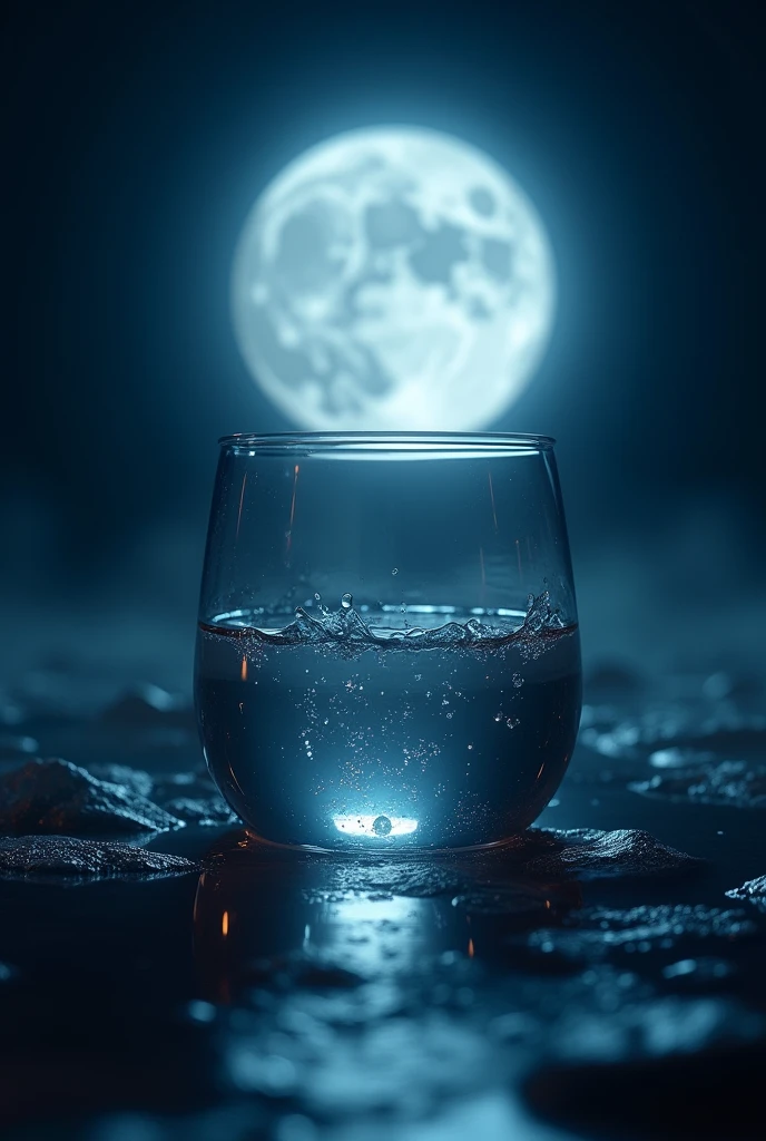 The night moon is visible in the water in a glass