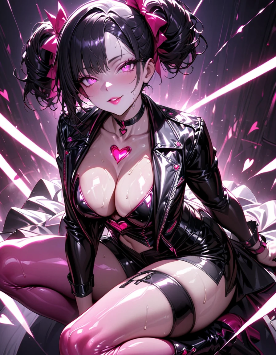 A young and beautiful person,(Highest quality,Extremely detailed depiction,Incredibly absurd high resolution,Anatomically accurate depiction,Nice hands, Perfect Fingers,Curvy Legs),(Glowing Skin,Shiny skin),(Sexy Idol),(Idol Costumes,Black Leather Jacket:1.3,Cute hairstyle,tights,Choker of Hearts,boots,Strong gloss,latex),eyelash,(Bright pink eyes,There is cleavage in the chest,A seductive smile,Glossy Lips,Seductive gestures),Sweat,whole body