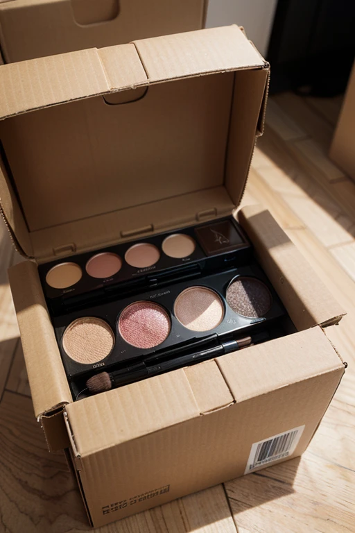 A cardboard box with makeup palettes from the brand 'Kamaya' inside it.
