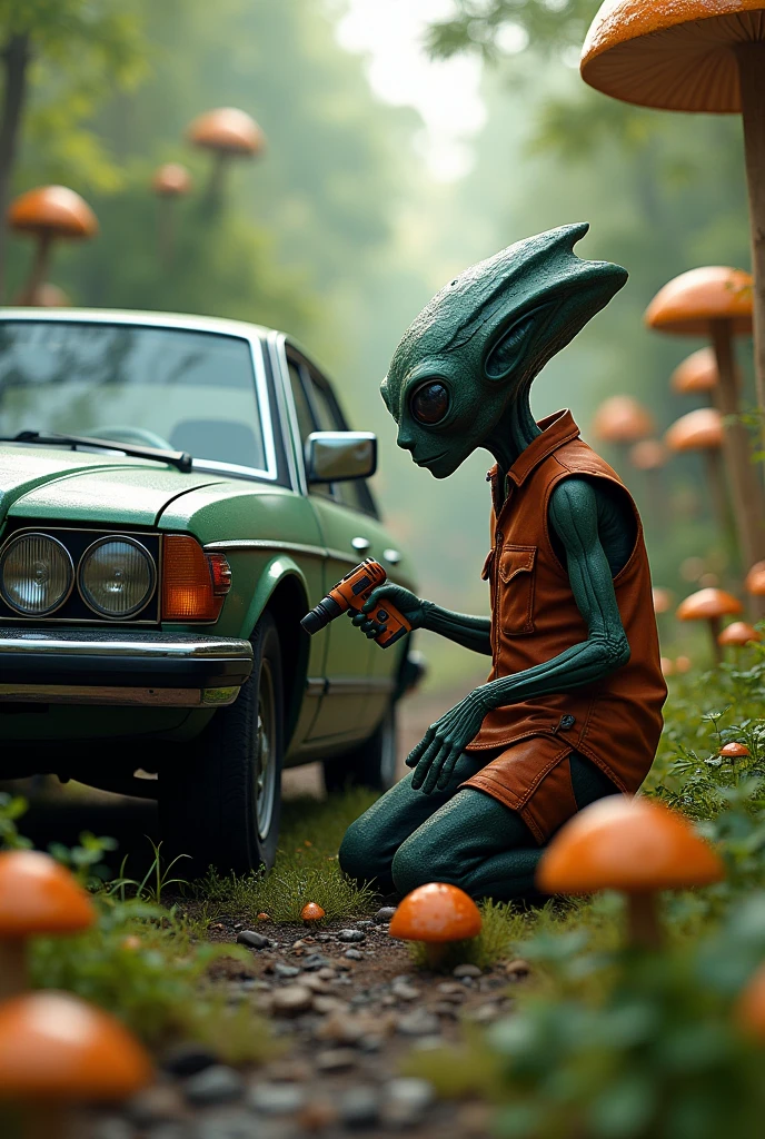 Lots of mushrooms and a car where an alien is installing a sound system in the car and he has a drill and a midrange coil in his hand and there is a big logo that says paxacu car audio 