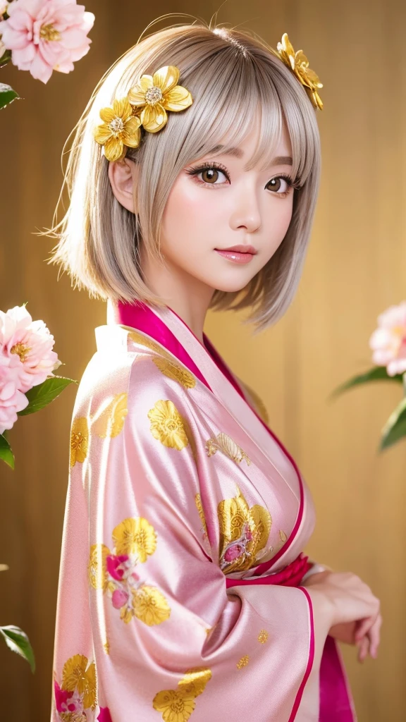 Cute Woman Japanese style Golden kimono Bob Hair Silver Hair Gorgeous large flower hair ornament Golden halo Big eyes Pink flowers background
