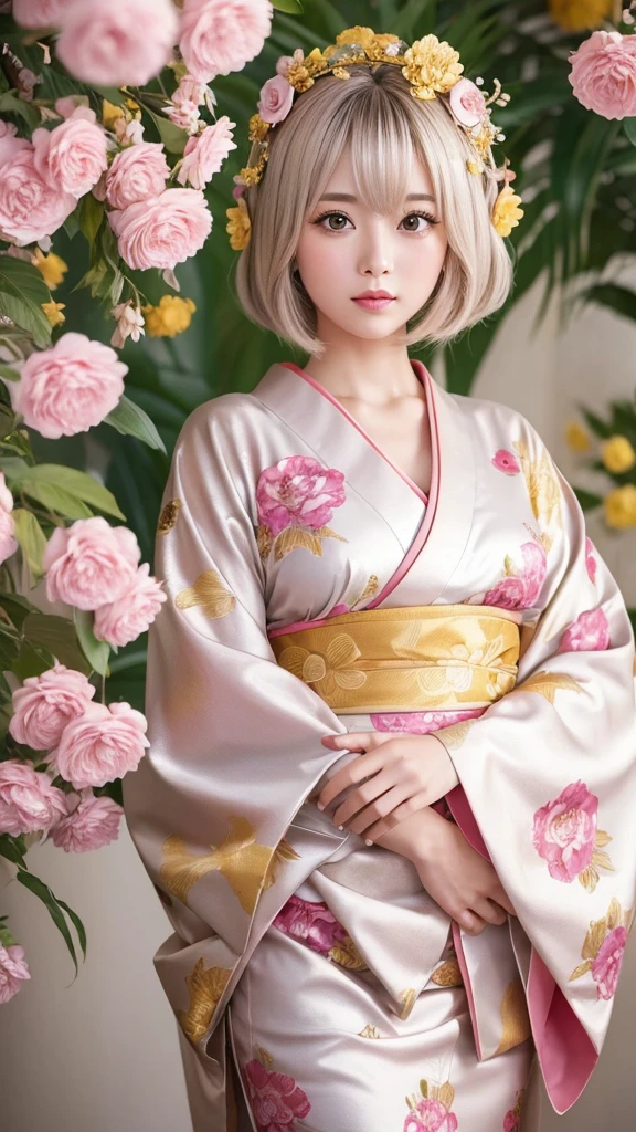 Cute Woman Japanese style Golden kimono Bob Hair Silver Hair Gorgeous large flower hair ornament Golden halo Big eyes Pink flowers background