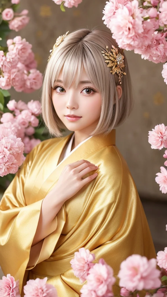 Cute Woman Japanese style Golden kimono Bob Hair Silver Hair Gorgeous large flower hair ornament Golden halo Big eyes Pink flowers background