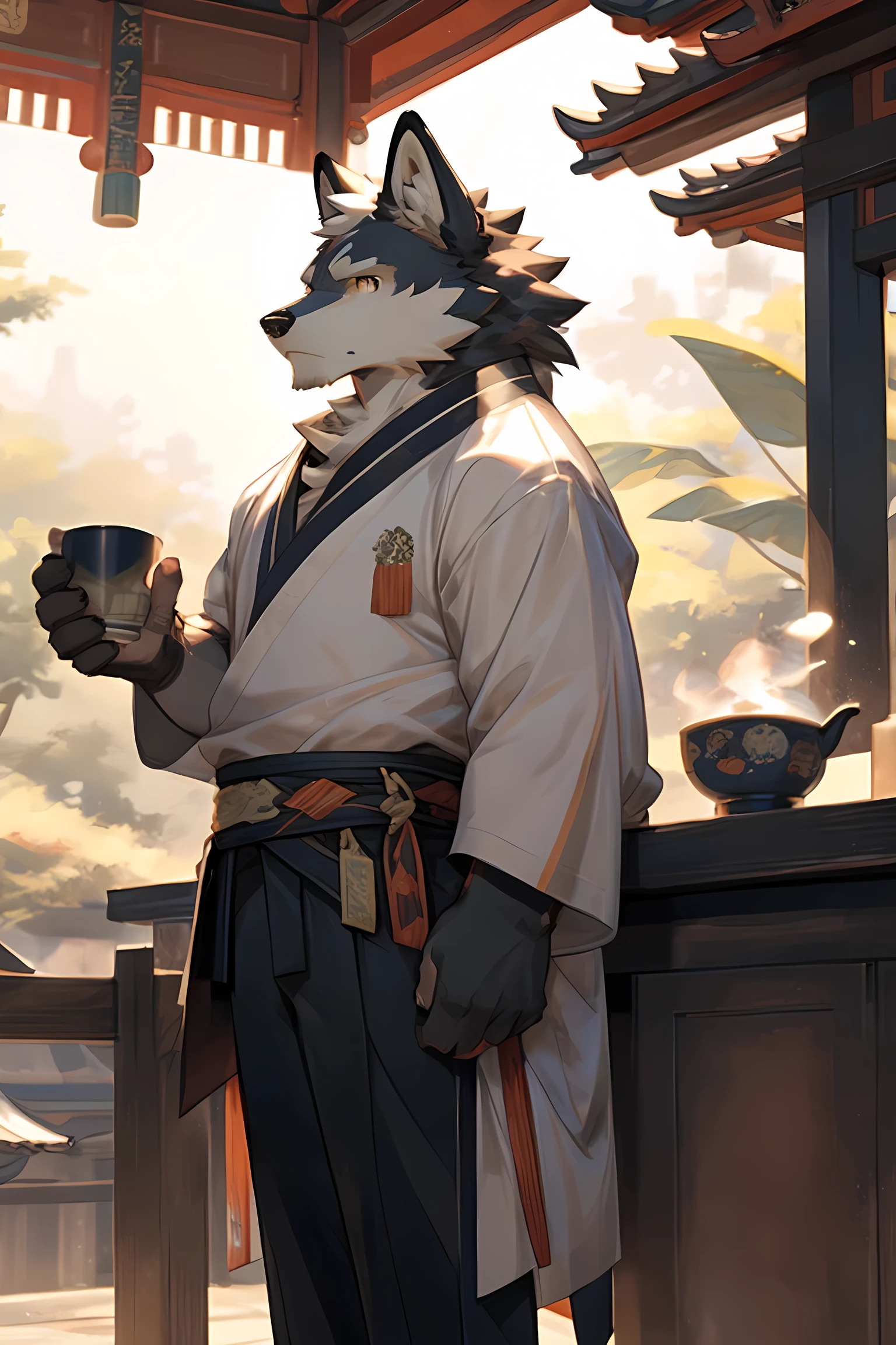 best quality，ultra HD，Male gray wolf［Son：0.6］，Expression laid back［laid back：0.7］，Body［Short stature：0.6］，Wearing Green Hanfu［Green Hanfu；0.8］，Wearing Black Hanfu trousers［Black Hanfu trousers：0.9］，Holding a teacup in hand，Sit in the pavilion