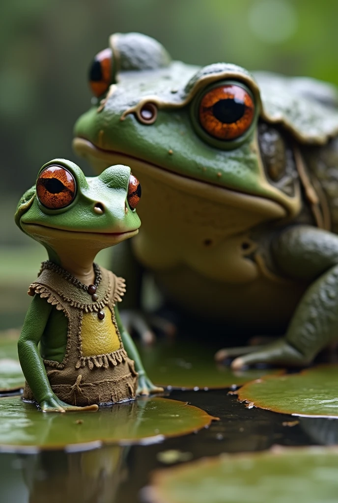 A beautiful, skinny little frog, with makeup and beautiful clothes, being watched by a huge fat toad, in a swamp with lots of scene details