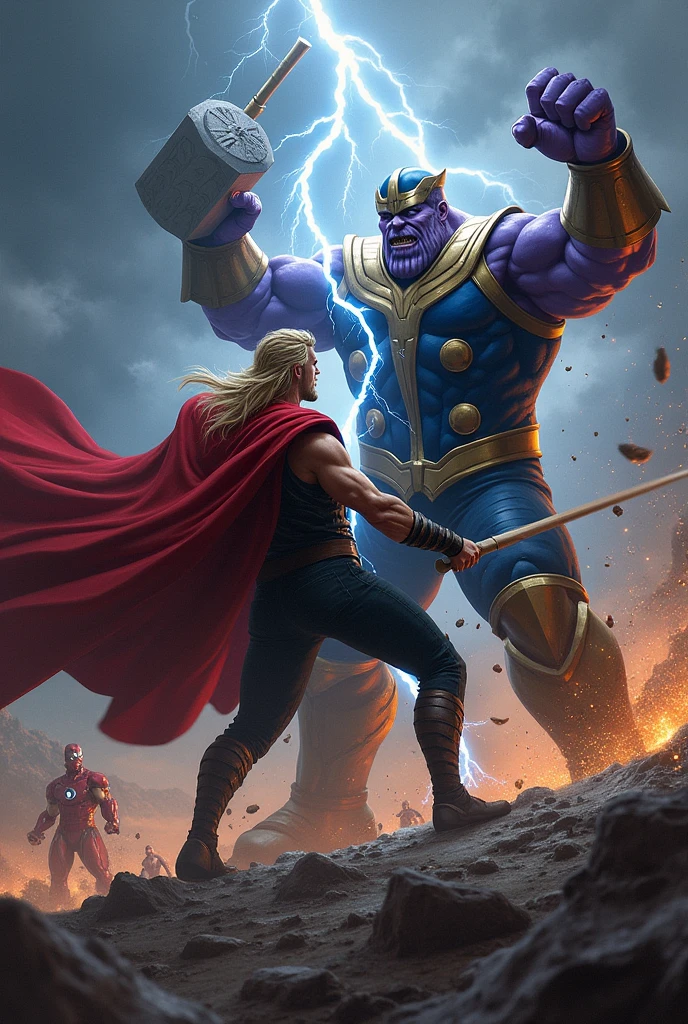 "Thor is engaged in a fierce battle with Thanos, where Thanos is overpowering him, holding Thor's hammer Mjolnir in one hand while striking Thor with the other. Thor's face shows a mix of rage and determination as lightning crackles around him, but he is clearly struggling against Thanos's immense strength. In the background, other Avengers like Iron Man, Captain America, and Spider-Man are fighting their own villains, but the primary focus remains on the intense and epic clash between Thor and Thanos. The scene is depicted with dark, stormy colors to emphasize the chaotic and electrifying atmosphere of the battle."