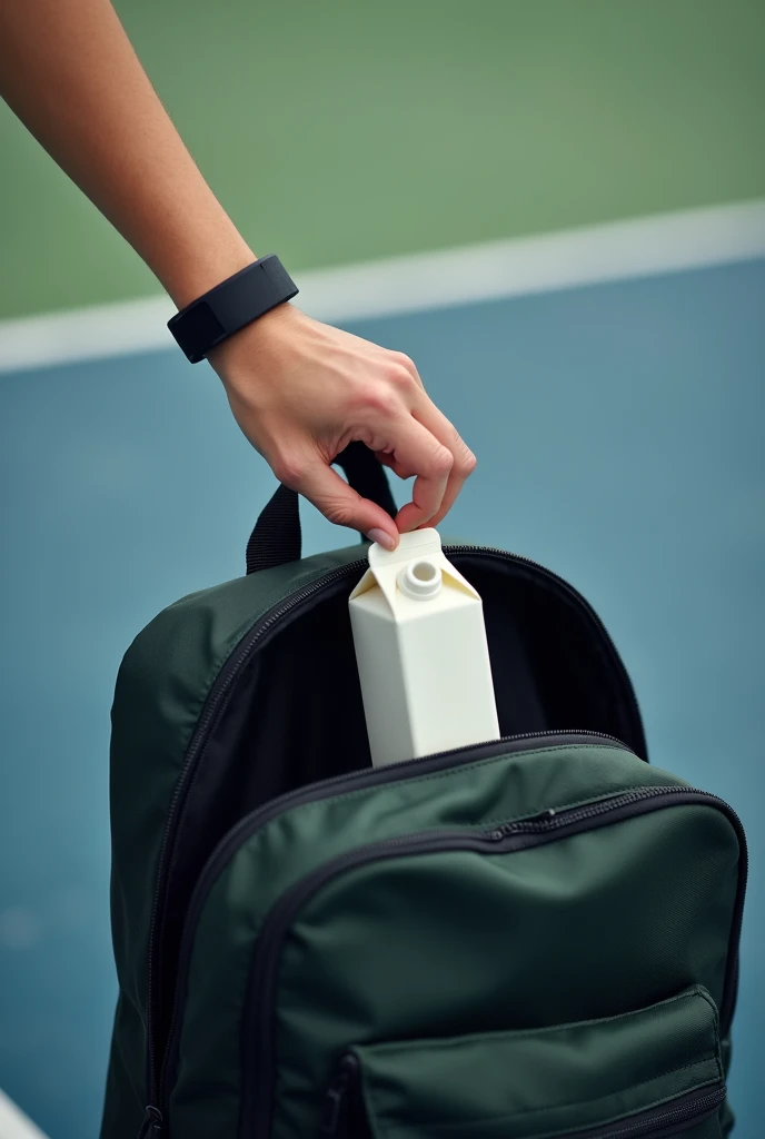 Hand with sports bracelet putting small milk carton into open sports backpack,Backlight,Photography,Vertical Image,zoom in,A corner of the tennis court