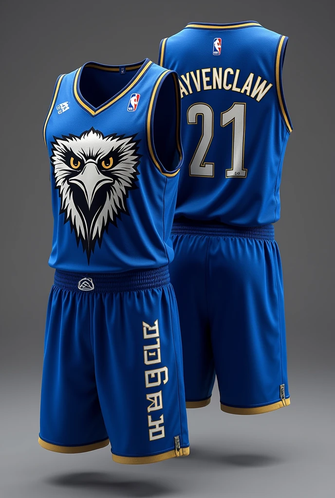 Design a basketball uniform layout featuring a blue jersey with a prominent eagle face design on the front. The team name, "Rayvenclaw," should be displayed in large, bold letters. Include a back-to-back design for both the jersey and the basketball shorts, ensuring that the team name is equally prominent on both pieces.