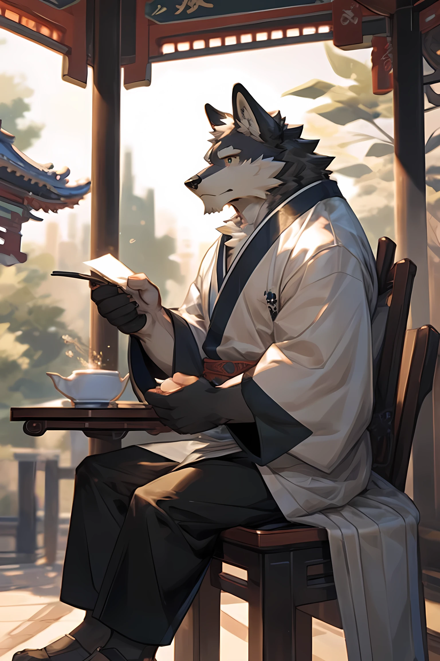 best quality，ultra HD，Male gray wolf［Son：0.6］，Expression enjoy［enjoy：0.7］，Body［Short stature：0.6］，Wearing Dark green Hanfu［Dark green Hanfu；0.8］，Wearing Black Hanfu trousers［Black Hanfu trousers：0.9］，Holding a teacup in hand，Sitting leisurely in the pavilion