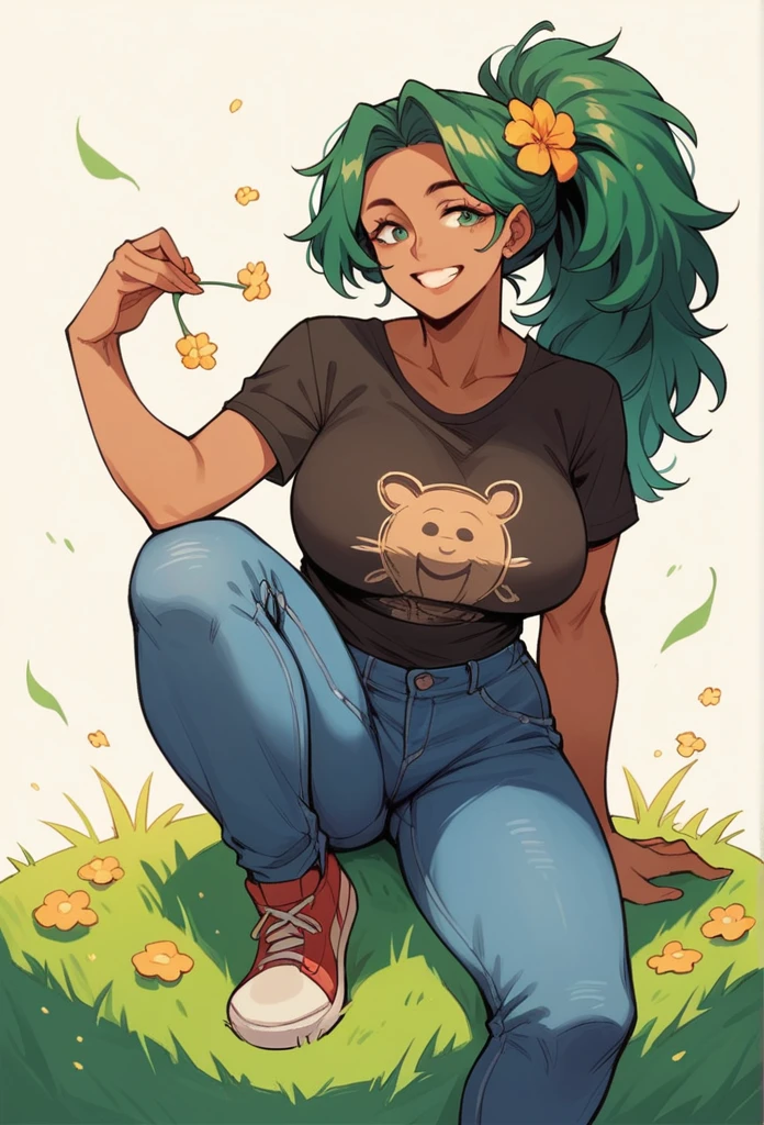 Milf,female,Green hair,grass hair,flowers hair,ponytail hair, bigbreasts,brown skin,black shir,T-shirt with print,jeans,smile,