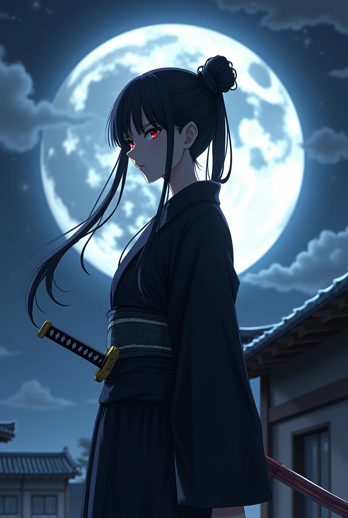 Long Black Hair、Hair tied up、、woman、kimono、The background is a large crescent moon、On the roof of an old building、Too much exposure、Red eyes、Cold look、profile、Anime Style、Wearing a black haori、Belt around the waist、Holding a single sword、Looking this way