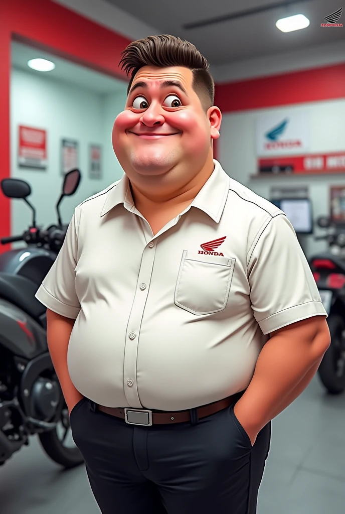 A caricature of a slightly overweight Honda motorcycle salesman, white shirt tucked into black pants, well-combed hair in a quiff 