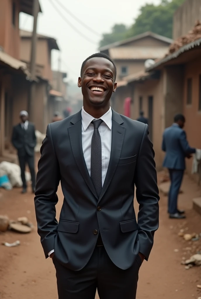 African youth man in suit smiling in a slum