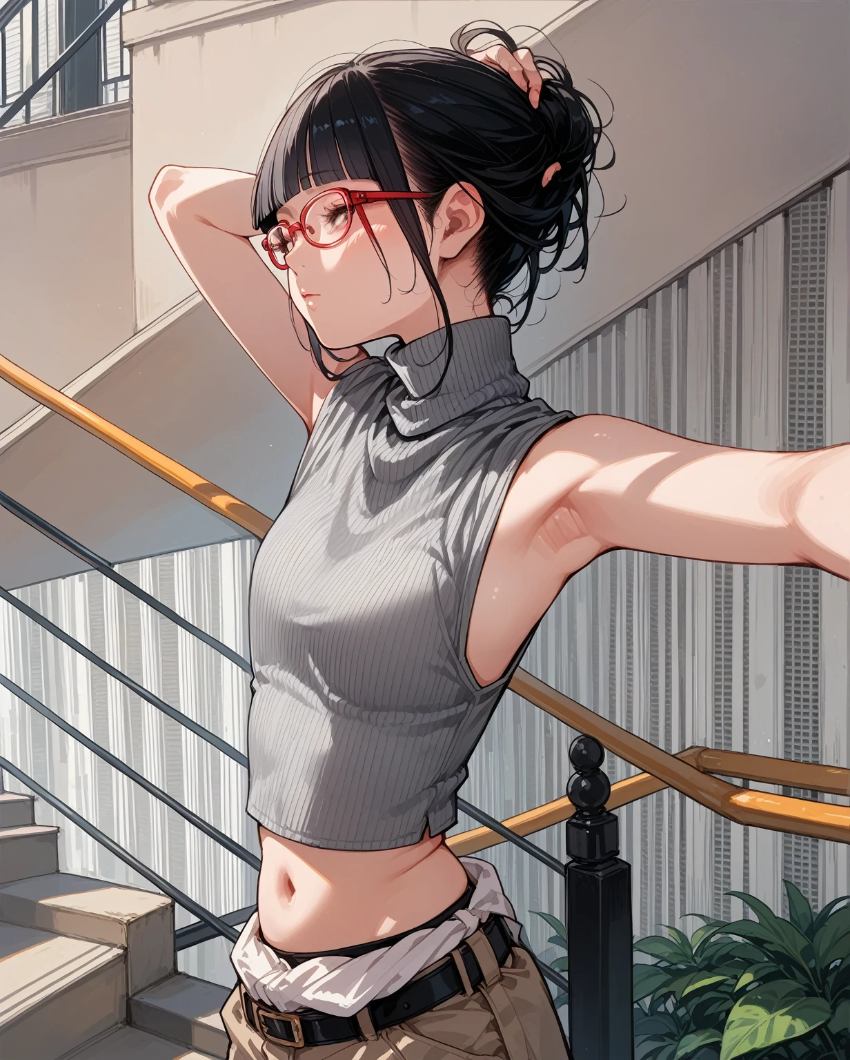 Slender figure,delicate,Glasses,Asian woman in grey top and black pants posing on stairs, Sleeveless turtleneck, セクシーなWearing a crop top, Photo of slim girl model, Chiho, T-Top, shikamimi, Wearing a crop top, Real life anime girls, Kurohime cut hair, This is Junji&#39;s style., Shashi, 2 4-year-old female model