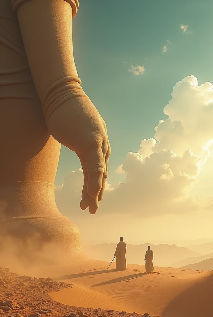 In a Chinese Dunhuang style sky, the giant hand of a Buddha statue is connected to a small person. The sky is filled with gods and Buddhas, yellow sand, and deserts, featuring ancient scenes. The sky is full of clouds, sandstorms, virtual engines, movies, photography, depth of field, oblique blur, ultra-high resolution, million pixels, and natural light