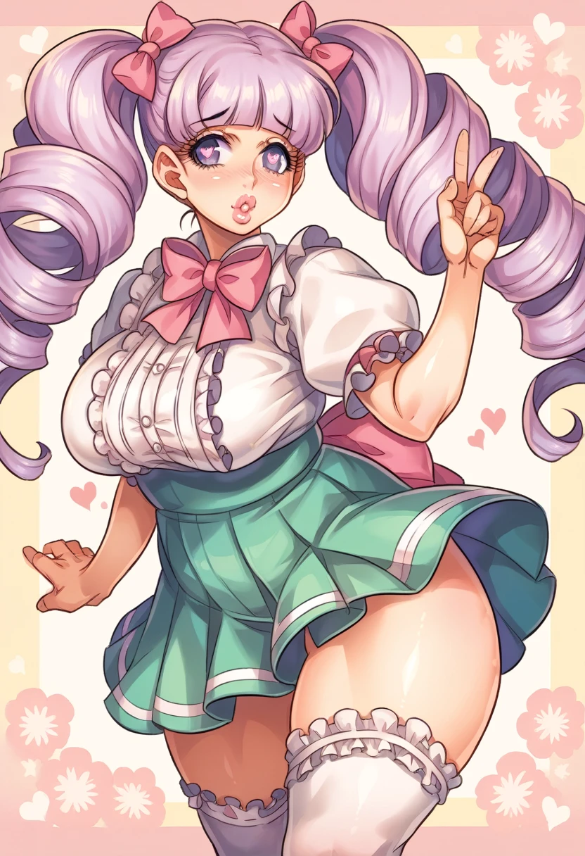 Cute, girl, pastel long lavender hair, curly twintails, purple eyes, heart shaped pupils, plump lips, big breasts, hourglass finger, slender, ruffle pastel bow blouse, Skirt-Knee-length, pastel, pleated with floral patterns, white lacy stockings,
