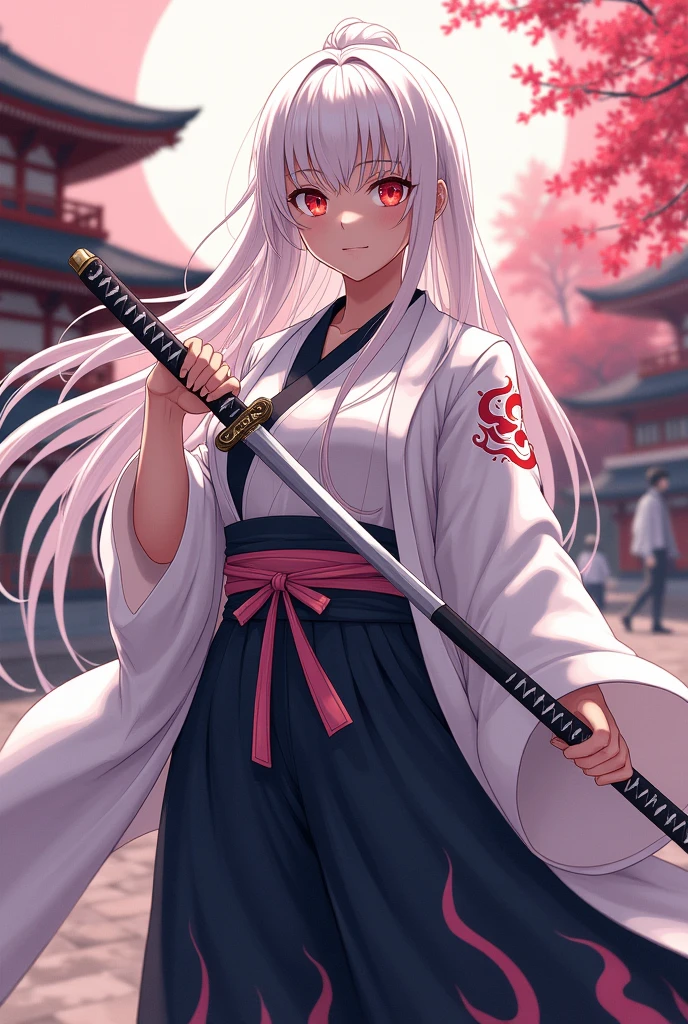 white long hair, red eyes, anime girl, black hakama pants, black shirt uniform, white modern belt, white long sleeve haori with fire patterns, katana on the hips, medium size chest, traditional Japanese background