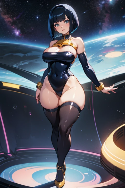 very wide hips, thick thighs, platform heels, bandeau top, high cut leotard, space girl, huge breast, thin waist, tight stockings, bob cut hair,
