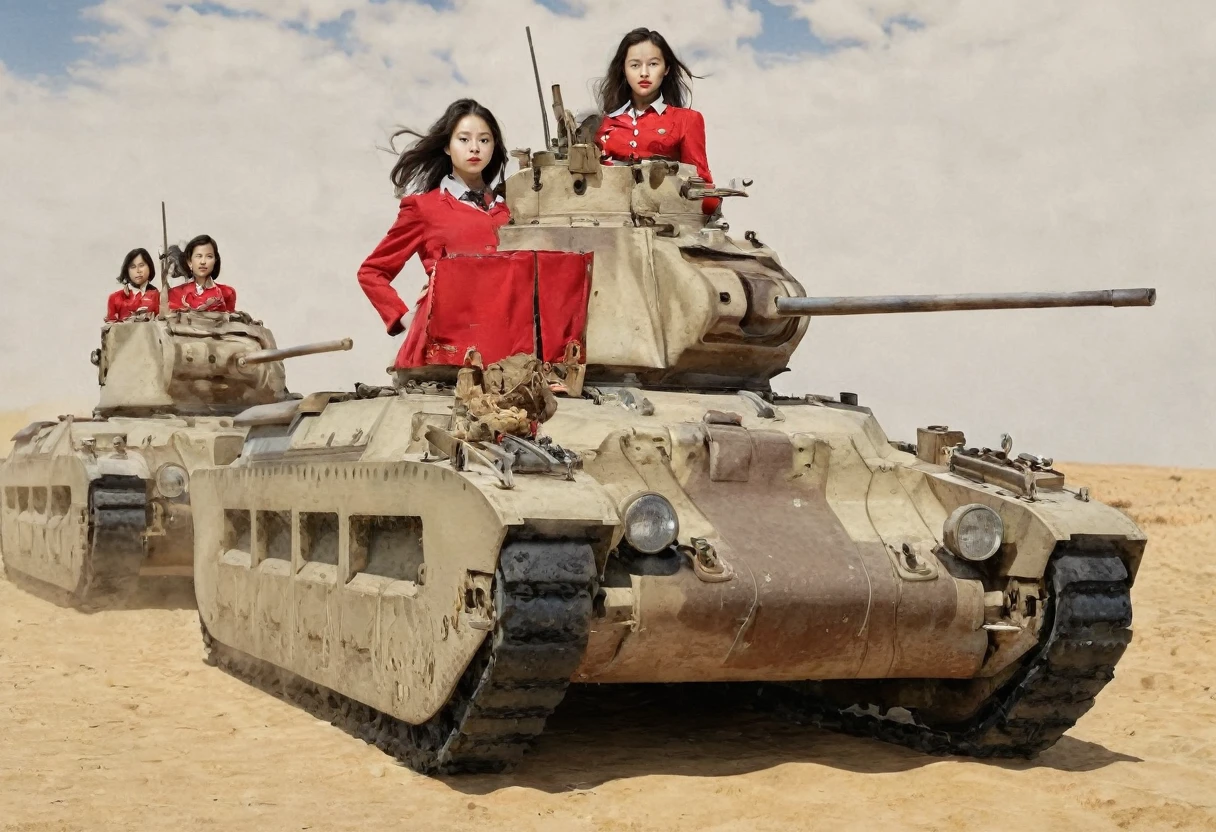 Matilda tank in the desert、(Realistic depiction of the Matilda tank)、A group of female cavalry soldiers accompanying the、 ( Beautiful female cavalry, Red jacket、Black mini skirt、Black boots)、Converting monochrome photos to pale color through digital color restoration、