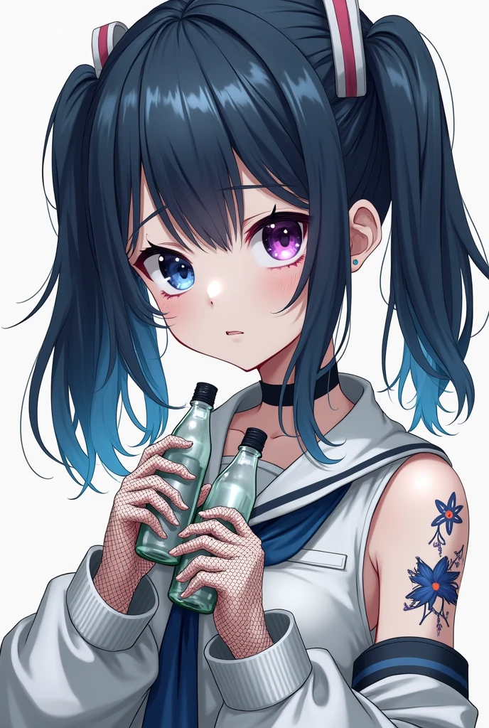 Anime girl with blue-black hair, gray skin, one black eye and one purple eye, with scars on one eye, white tomboy clothing with mesh gloves and bottles, on the body marks as if it were a human doll, Model body with a serious look but with a black and white background