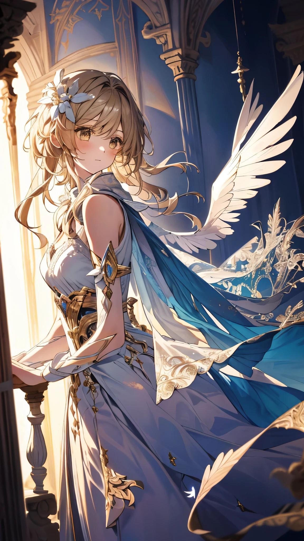 An imaginative artwork featuring a girl with two wings, evoking a sense of wonder and freedom, (Artistic fantasy:1.1), (Whimsical allure:1.3), (Graceful levitation:1.2), (Feather details:1.1), (Enchanting atmosphere:1.2), (Intricate and delicate touches:1.3), (Soft and dreamy color scheme:1.2), (Magical exploration:1.1).