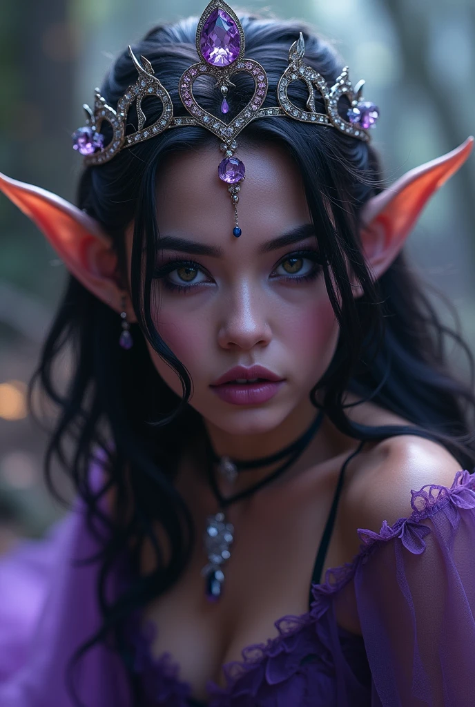 elf queen in seductive provocative pose, shiny skin and tits{"perfect face"( dark purple_skin)(pointing ears:1.3)(black thick eyeliner:1.5)(black eye shadow:1.2)(long eyelash:1.2)}, enchanting magic, clear tulle-fishnet robe, flowing shiny dark hair, crystal tiara, epic battlefield background, close up view from below, low ground angle shot