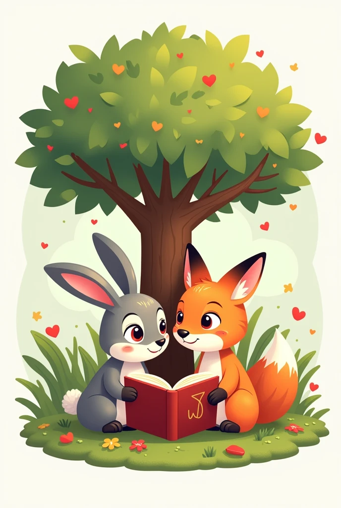 Logo with a rabbit and a fox reading a book, Aleani Homeschool Tree Background, I learn with love