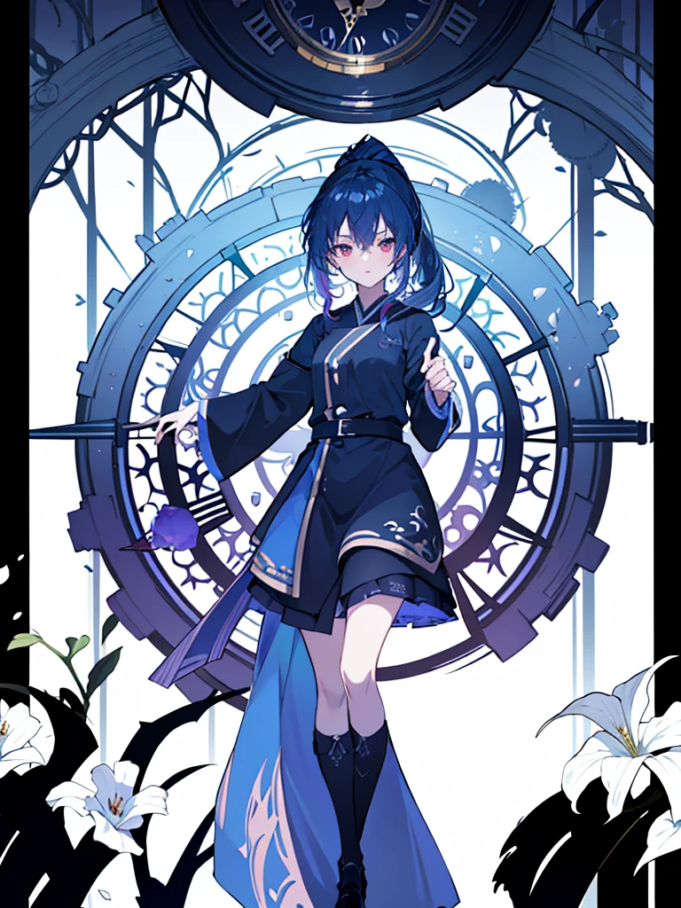 masterpiece, absurdres, novel cover, cover illustration, 1girl, solo, dark blue-haired ponytail, mage robes, flower background, clock background, monochrome, line drawing