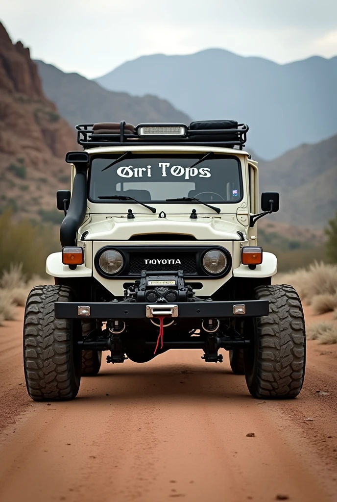 A 70th model modified land cruiser with Ori Yops written on the glass