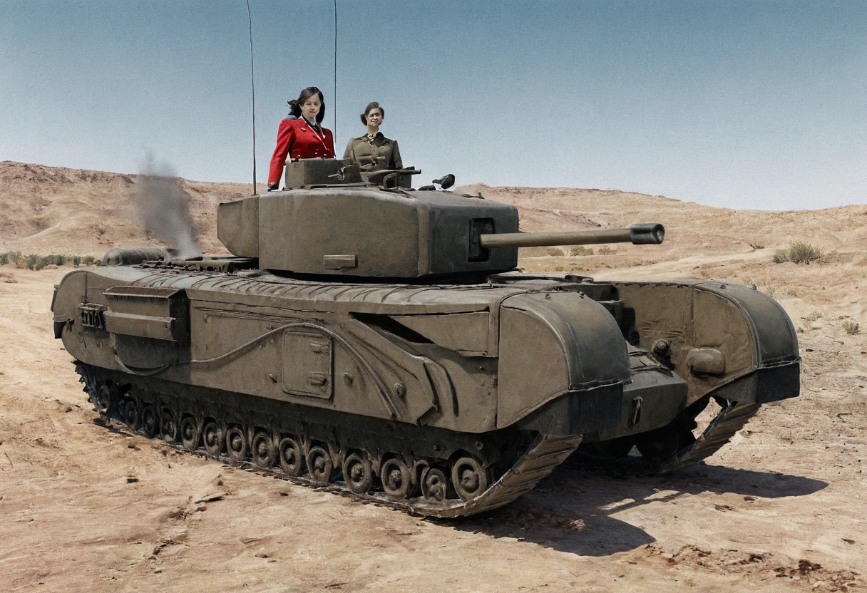 Churchill tank in the desert、(A realistic depiction of the Churchill tank)、A group of female cavalry soldiers accompanying the、 ( Beautiful female cavalry, Red jacket、Black mini skirt、Black boots)、Converting monochrome photos to pale color through digital color restoration、