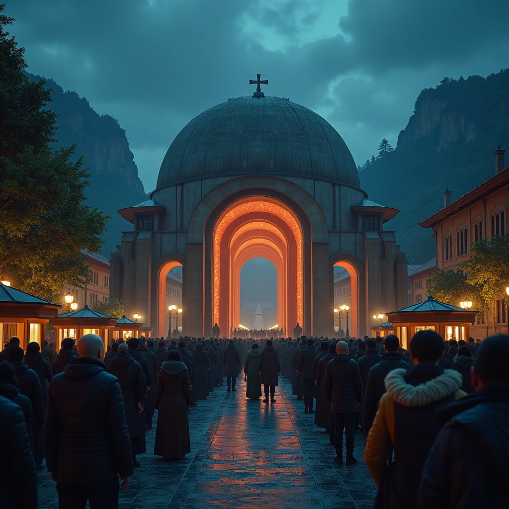 Take an ultra-realistic photo of the agora hall, with several people gathered together, retro futuristic style, cinematographic camera. ((best resolution:1.4)), ((high qualiy:1.2)), Artwork, 8k, extremely detaild, ((high détail:1.2)), Cinematic photo, A very beautiful city, medieval houses and trees, midnight sky,
