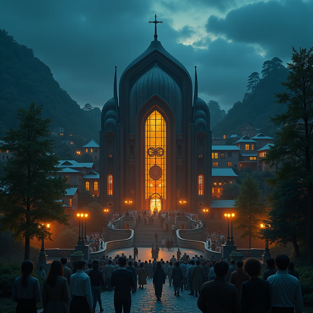 Take an ultra-realistic photo of the agora hall, with several people gathered together, retro futuristic style, cinematographic camera. ((best resolution:1.4)), ((high qualiy:1.2)), Artwork, 8k, extremely detaild, ((high détail:1.2)), Cinematic photo, A very beautiful city, medieval houses and trees, midnight sky,