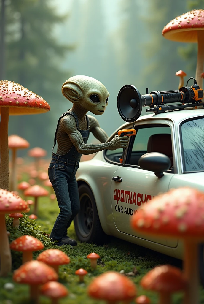 Lots of mushrooms and a car where an alien is installing a sound system in the car and he has a drill and a speaker in his hand and there is a big logo that says paxacu car audio