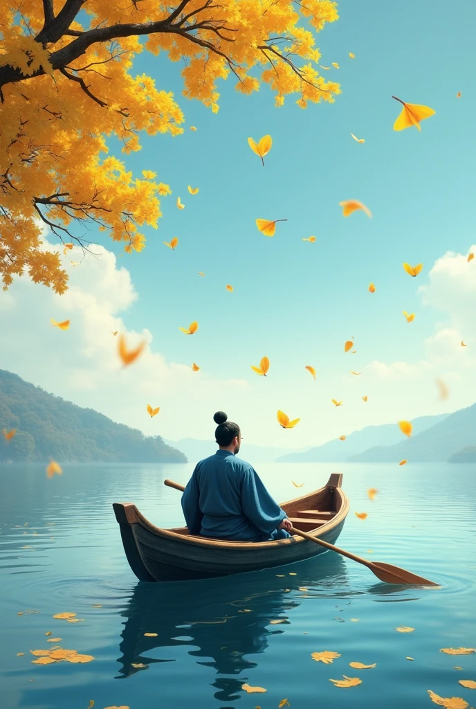 A small boat floats on the lake, yellow ginkgo leaves fall from above, an ancient man rowing in it in the style of an ancient Chinese man, The sky blue background has scattered petals falling down like snowflakes, 