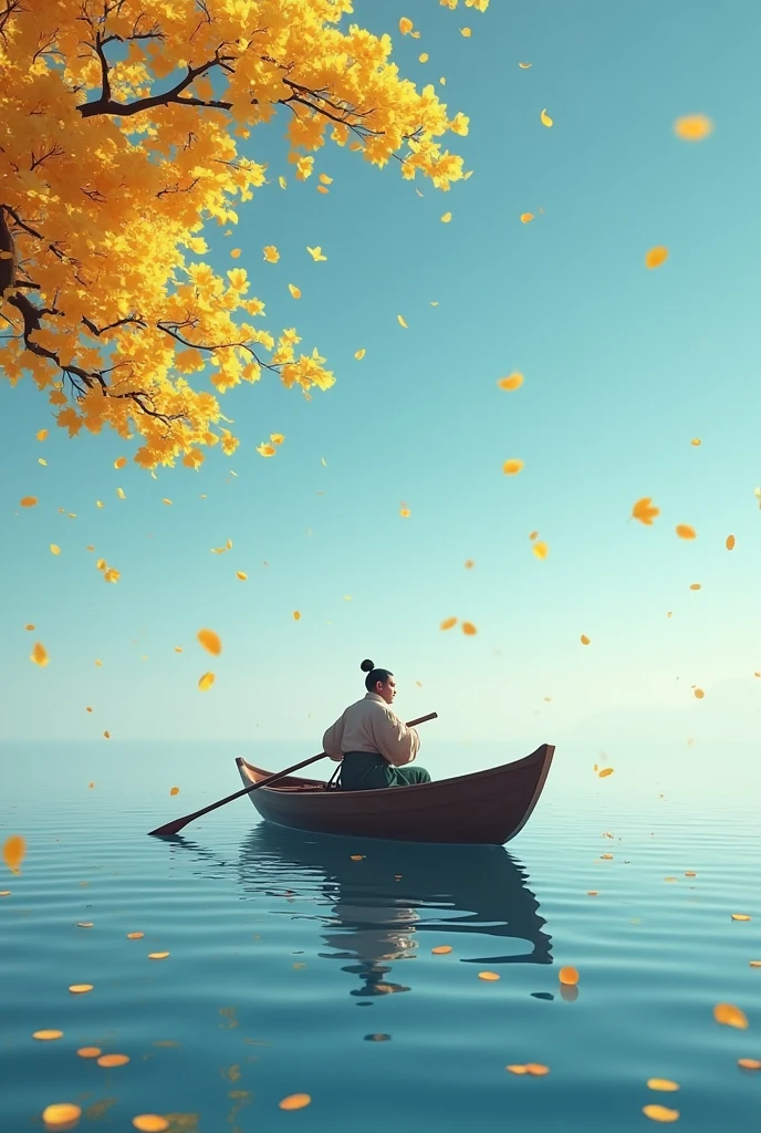 A small boat floats on the lake, yellow ginkgo leaves fall from above, an ancient man rowing in it in the style of an ancient Chinese man, The sky blue background has scattered petals falling down like snowflakes,