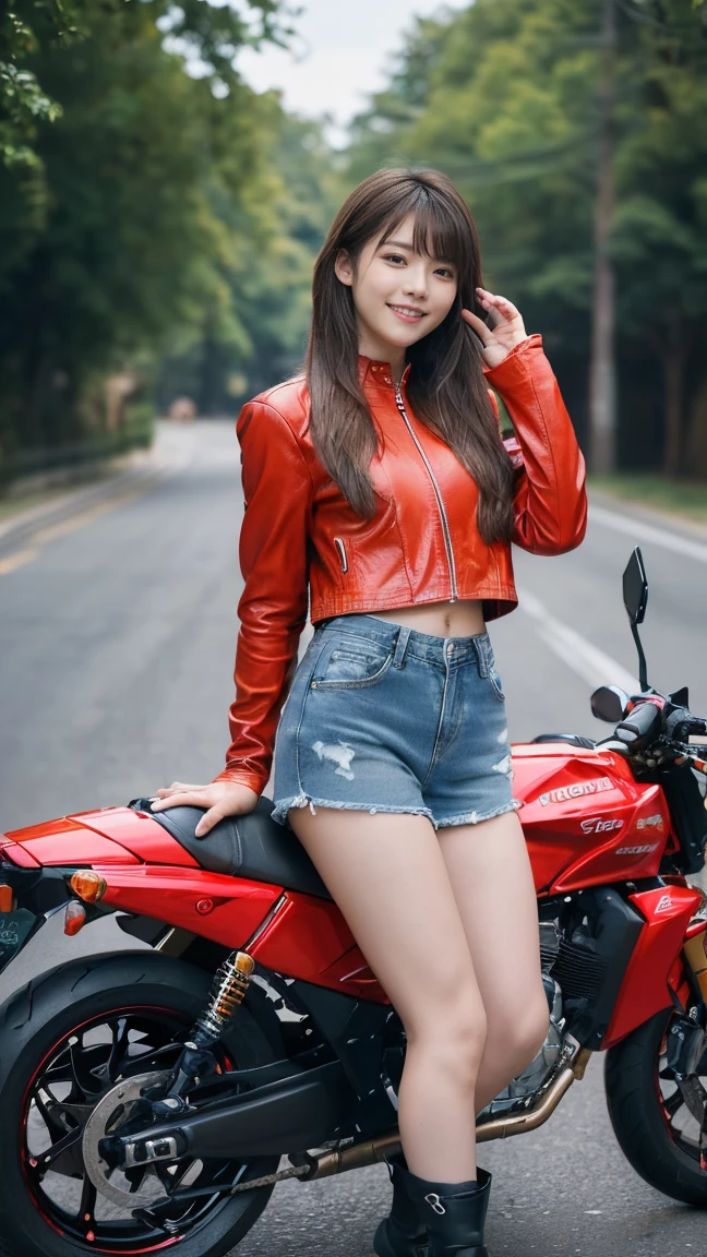masterpiece,high quality,High resolution, Perfect Body Beauty: 1.4,(((Woman on motorcycle))),Slender body,((A red long sleeve motorcycle jacket paired with denim shorts and motorcycle boots),Highly detailed face and skin texture,((Full Body Shot)),Natural light,smile,The five fingers of the correct hand,17 years old,Long Hair,