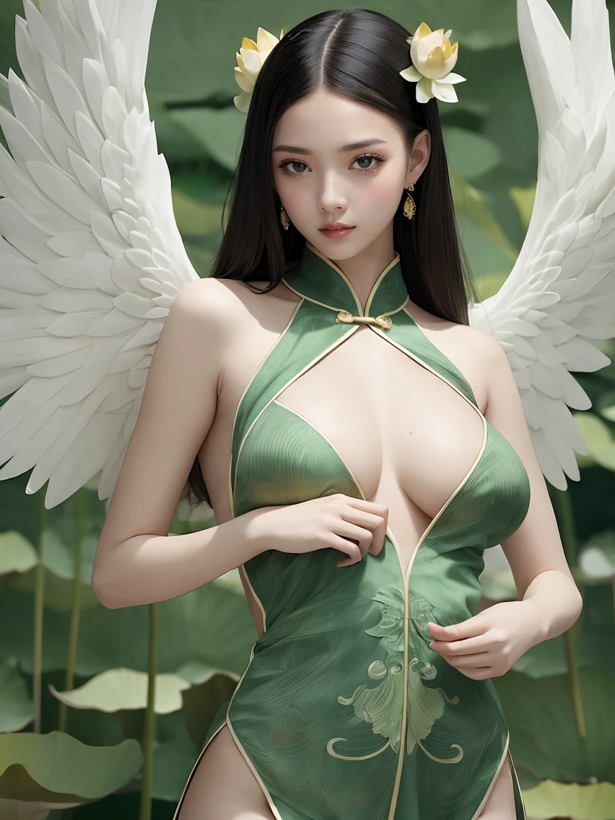 ((best quality)), ((Masterpiece)), ((realistic)), 1 girl, alone:2,lotus_leaf_angel,close up，beautiful，dynamic movement, Anatomically correct, traditional chinese clothing, Extreme details,full body shot