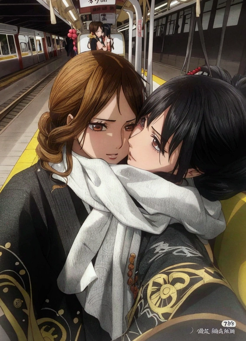 one piece style, 2 girls, two people, araffes and a woman kissing each other on a train platform, yoshitomo nara and aya takano, huang yuxing and aya takano, nixeu and sakimichan, alena aenami and lilia alvarado, with her long, ulzzang, with ivy, fiona staples and kinu nishimura