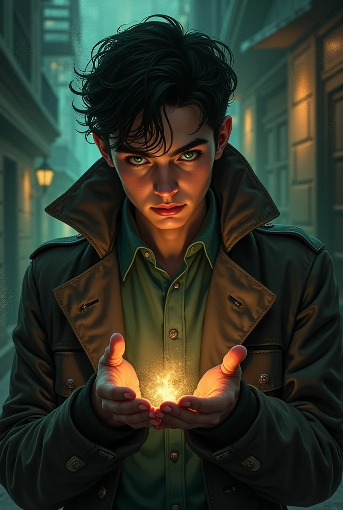 A detective 22 year boy 
illustration style  where man with green eyes is holding   secrets in a hand .