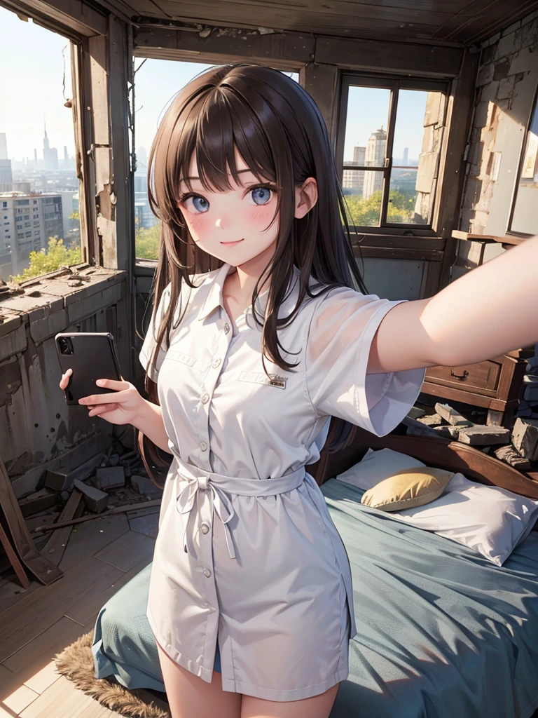 (masterpiece)))), high quality, very_high_resolution, lhite blouseargwesize, full color, highly detailed,best quality,high resolution,4k quality,8k, illustration, beautiful detailed glow, HDR, photo of 15 year-old girl, shy smile, (selfie:1.5), (ruins hotel room:1.5), white skin, straight hair, brown hair, 1girl solo,