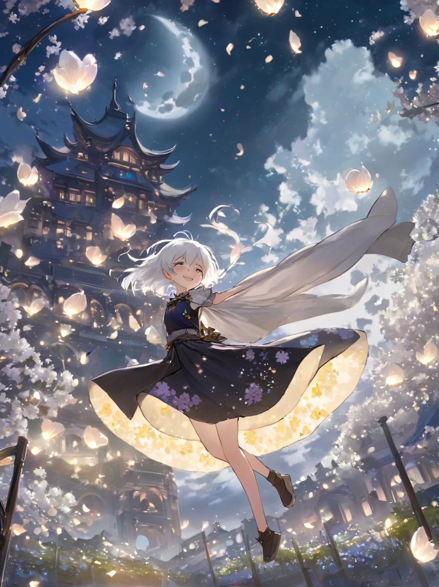 (SimplePositiveXLv1:0.8),1girl,solo,white hair,solo,smile,intricate skirt,((flying petals)),(Flowery meadow) sky, cloudy_sky, building, moonlight, moon, night, (dark theme:1.3), light, fantasy