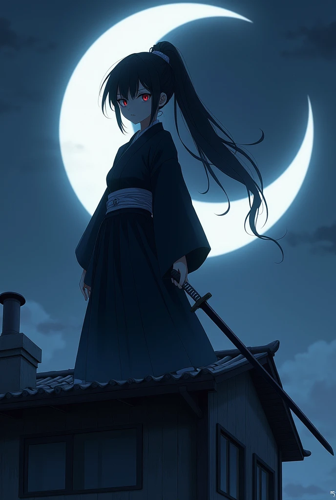 Long Black Hair、Hair tied up、15 years old、woman、kimono、The background is a large crescent moon、On the roof of an old building、Too much exposure、Red eyes、Cold look、profile、Anime Style、Wearing a black haori、Belt around the waist、Holding a sword in his right hand、Looking this way