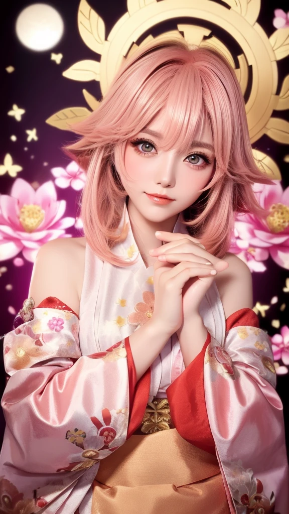Cute Woman Japanese style Golden kimono Bob Hair Silver Hair Gorgeous large flower hair ornament Golden halo Big eyes Pink flowers background