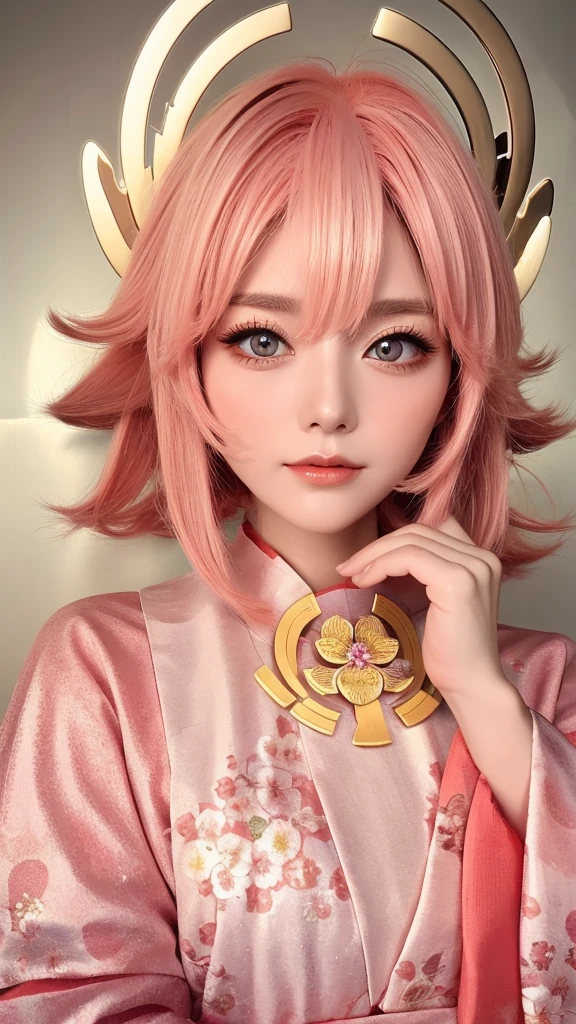 Cute Woman Japanese style Golden kimono Bob Hair Silver Hair Gorgeous large flower hair ornament Golden halo Big eyes Pink flowers background