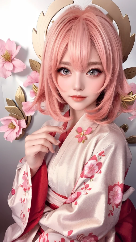 Cute Woman　Japanese style　Golden kimono　Bob Hair　Silver Hair　Gorgeous large flower hair ornament　Golden halo　Big eyes　Pink flowers background