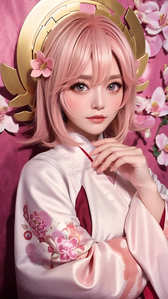 Cute Woman　Japanese style　Golden kimono　Bob Hair　Silver Hair　Gorgeous large flower hair ornament　Golden halo　Big eyes　Pink flowers background
