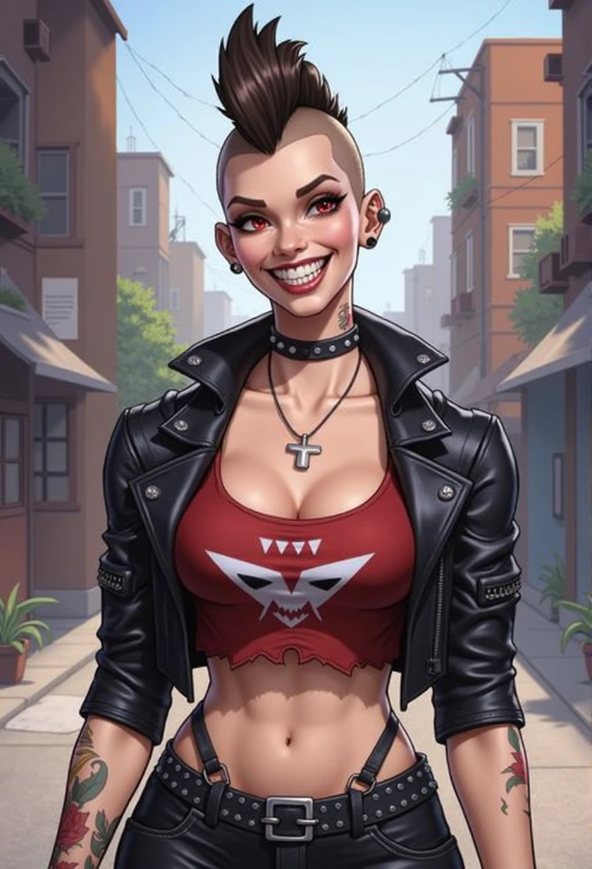 score_9, score_8_up, score_7_up, 1girl, , very small, red eyes, toned body, a punk goth woman, huge chest, tattoo sleeve on right arm, saliva, thick brown mohawk, shark teeth, big toothy smile tattered shirt, leather jacket without sleeves, chasing after viewer in an alley, in love, (manic expression),