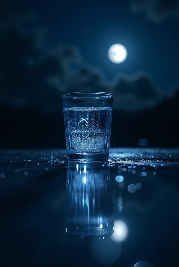 The night moon is visible in the water in a glass